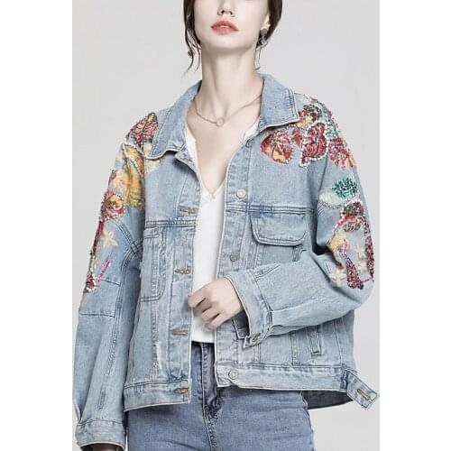 Women Sequins and Pearls Denim Coats and Jackets BF Loose Havey Decor Oversize Jean Jacket Street Style Clothes