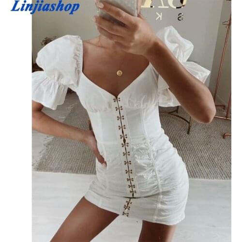 Spring summer women mini dress cotton short sleeves slim zipper short party white draped dress
