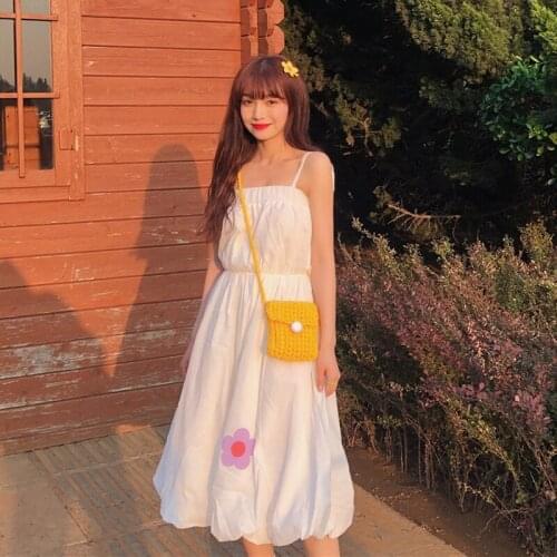 Womens 2020 Summer Japanese-Style Sweet Square Collar Printed Solid Color Puff High Waist Expandable Student Dungaree Dress