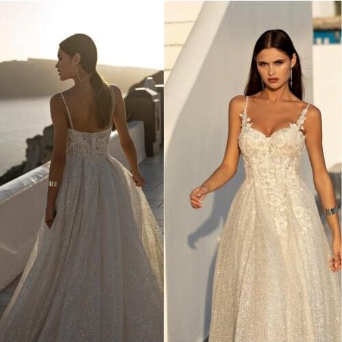 2020 Lace Wedding Dresses Spaghetti Straps Appliques Beads Bridal Gowns Custom Made Backless Sweep Train A Line Wedding Dress