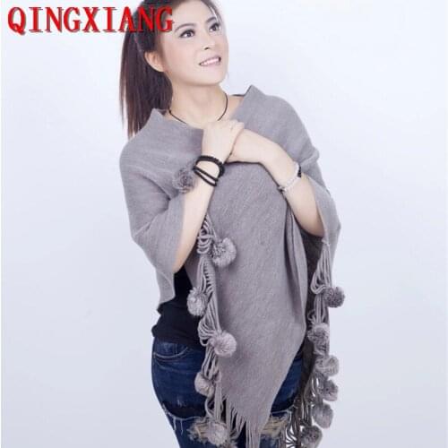 2021 Winter Knitted Batwing Sleeves Sweater Outstreet Triangle Ball Pullover Women Solid Grey Plus Size Loose Poncho