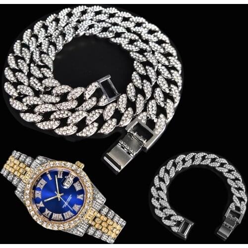 3pcs Kit 15MM Hip Hop Iced Out Paved Rhinestones Miami Cuban CZ Necklace+Watch+Bracelet Rapper Necklaces For Man Women Jewelry