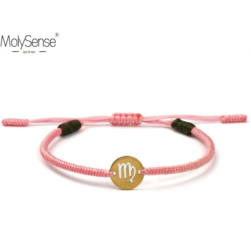 MolySense Handmade Golden Color 12 Constellation Zodiac Virgo Stainless Steel Charm Bracelets For Women Men Wax Macrame Bracelet