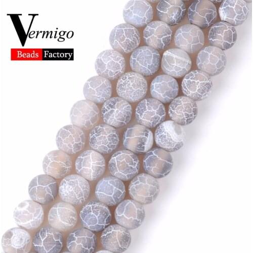 Wholesale Gray Frost Cracked Agates Beads Natural Stone Round Loose Beads For Jewelry Making 4mm-12mm Diy Bracelet 15"Strand