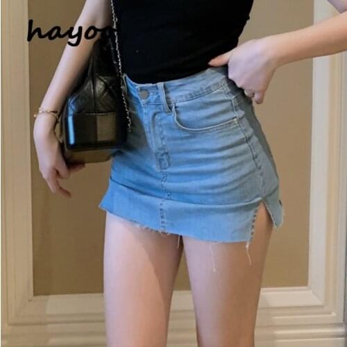Summer slit denim skirt womens high waist sheath skirt stretch tight mini miniskirt girl