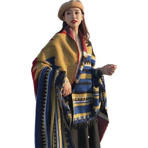 National style shawl autumn scarf women thick warmth cloak with blanket edging tassels comfortable bedding home