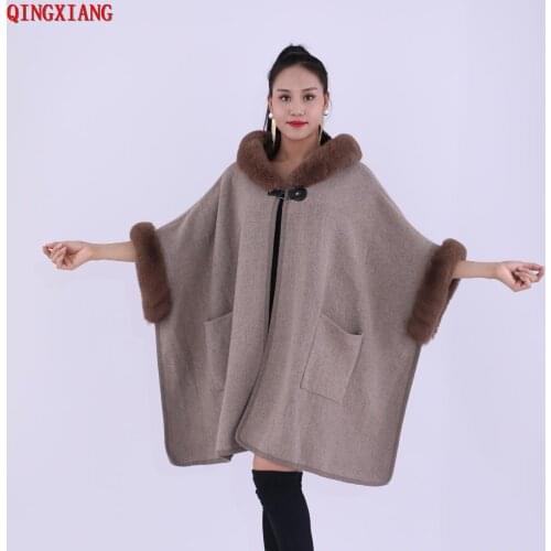 2020 Red New Women Granular Velvet Poncho Capes Fur Neck Cardigan Warm Big Pendulum Loose Long Batwing Sleeves Coat With Hat