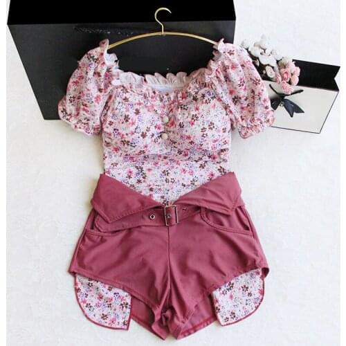 New Women Print Floral One Piece Swimwear Monokini with Shorts Sexy Short Sleeve Beachwear Swimming Bathing Suit Padded Swimsuit