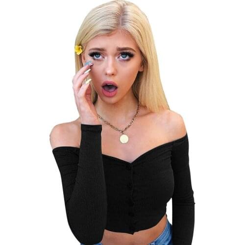 New Womens Slim Shoulder Long Sleeve Single-Breasted Short Slim T-shirt