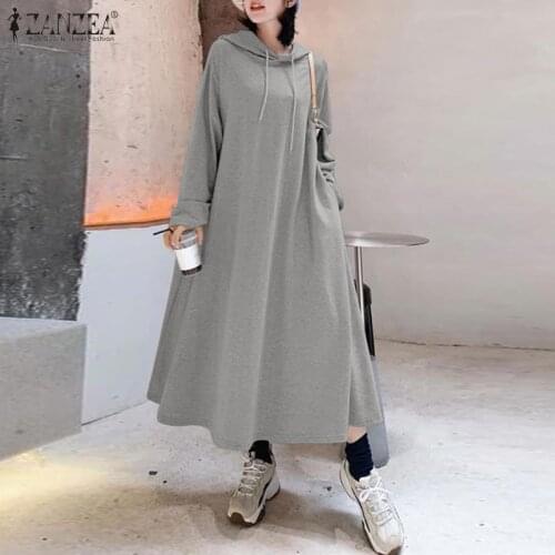 2021 Autumn Long Sweatshirts Dress ZANZEA Casual Solid Hooded Sundress Women Hoodies Long Sleeve Vestido Female Robe Plus Size