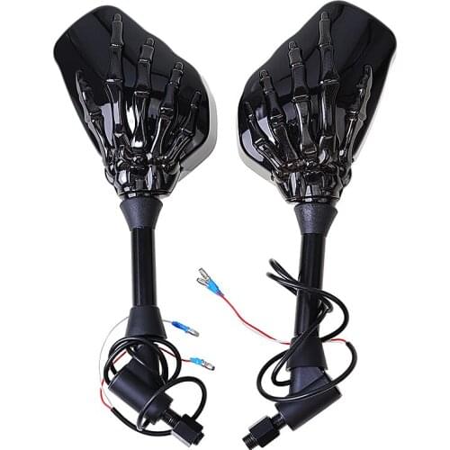 Pair Motorcycle Mirror Skeleton Skull Hand Claw Side Rear View Mirrors LED Turn Signal Light 8mm 10mm Universal Fit Harley
