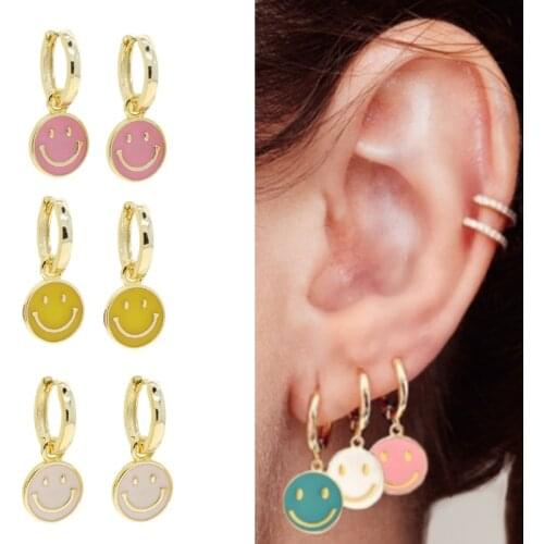 Multi Colorful enamel Round dangle Earrings For Women Cute Smiling Face Pendientes Small Huggie Dangle Earrings Fine Jewelry