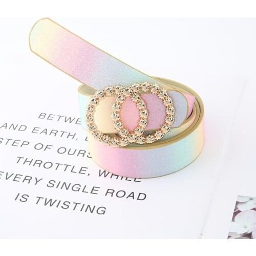 Rainbow Round Buckle Belts Pearl Rhinestone Button Pu Leather Belt Rainbow Waistband Ladies Simple Fashion Decorative Buckle