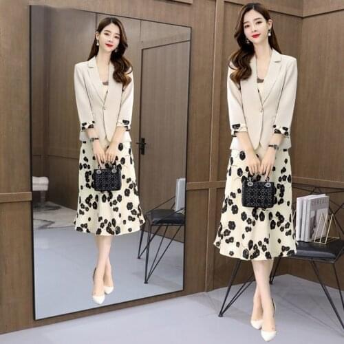 Spring Autumn Plus Size Two Piece Sets Women Dress + Long Sleeve Apricot Suit Coat Casual Elegant Printing Dresses Suits X330
