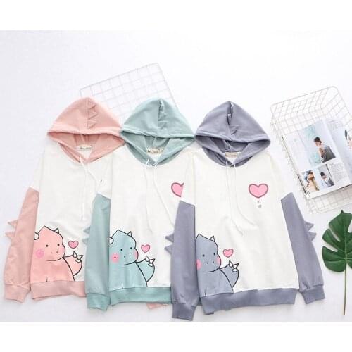 2021 Spring New Fashion Long Sleeve Thin Hooded Sweatshirts Cute Cartoon Dinosaur Print Hoodies Casual Autumn Top Shirts
