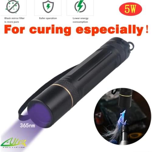 Fulliifish Fly Fishing UV Resin Glue Curing Light 365nm 5W Black Filter Ultraviolet Flashlight Buzzer Bug Nymph Fly Tying Tools