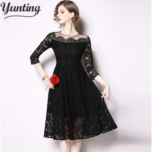 Spring Summer Dress Work Casual Slim Fashion Sexy O-neck Lace Dresses Women Hollow Out A-line Vintage Vestido