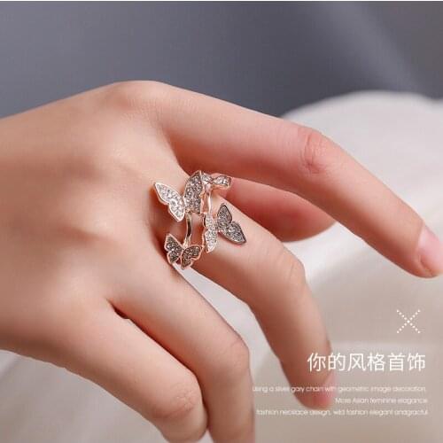 Four Butterfly Rhinestone Silver Plated Golden Rose Gold Index Finger Alloy Open Rings for Women