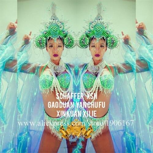 Nightclub Womens Sexy Pearl Mermaid Costumes With Headdress Christmas Halloween Cosplay Performance Clothes DS Bikini Dress