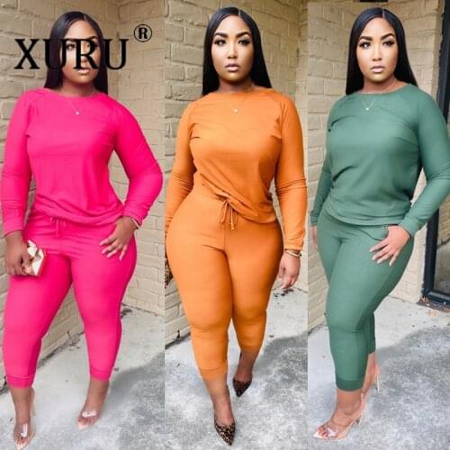XURU Plus Size Womens One-piece Two-piece Solid Color Round Neck Thick Knitted Casual One-piece Suit