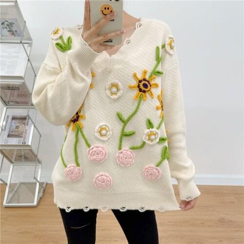 3D Crochet Floral Oversized Sweater Thick Warm Autumn Winter Sweater Women 2021 Frayed V Neck Lazy Oaf Pullover Sweaters Jumpers