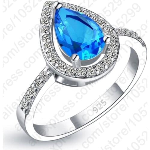 2020 Women Wedding Jewelry Gift 925 Sterling Silver Blue Cubic Zircon Water Drop Rings Free Shipping