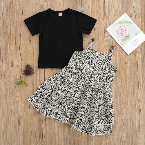 2021 Summer Kids Baby Girl Short Sleeve Cotton T-shirt Tops Leopard Strap Long Dress 2PCS Outfits Children Clothes Set