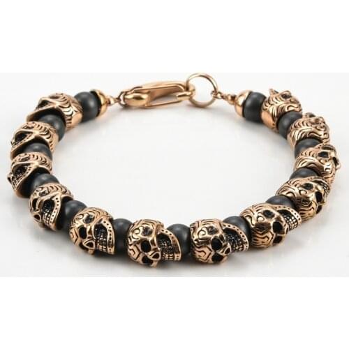 Trend Bracelet Mens Vintage Goth Skull Beads Hand Chain Stainless Steel Man Natural Stone Accessories Men Jewelry Bracelets