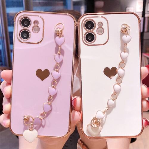 Electroplating Love Heart Chain Phone Case For iPhone 12 11 Pro Max XS Max XR X 7 8 Plus 12Mini Shockproof Soft TPU Back Cover