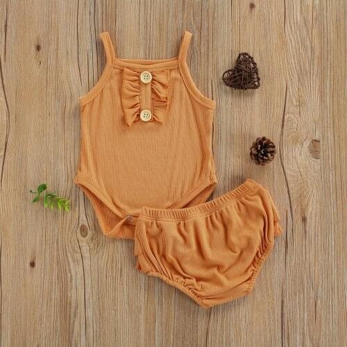 Baby Solid Color Clothes Set, Girls Sleeveless Square Collar Romper + Short Pants with Ruffles Summer Baby Girl Clothes 2021