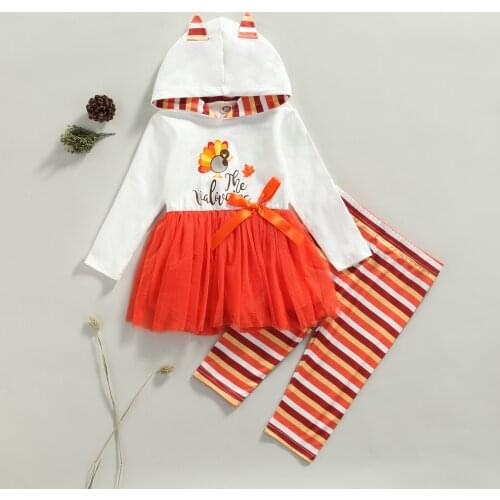 Baby Hooded Dress + Trousers, Thanksgiving Theme Cartoon Ear Decoration Stripe Printing Autumn Clothing