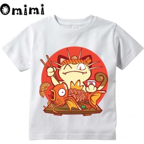 Boys/Girls Cartoon Cat Sushi Bar Printed T Shirt Kids Short Sleeve Tops Childrens Funny White T-Shirt