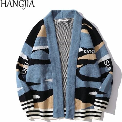 Retro Japanese Streetwear Cardigan Kimono Sweater Oversized Men Fashion Striped Colorblock Knitted Sweaters Outwear Women 2021