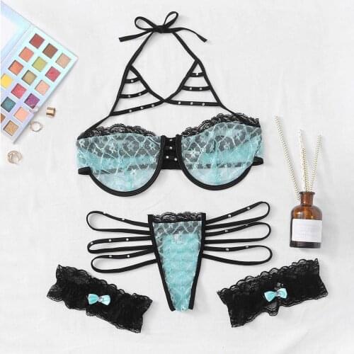 4pcs Erotic Lingerie Set Blue Lace Flower Transparent Underwear +Thong Leg Ring Steel Sleepwear for Women Bielizna Erotyczna