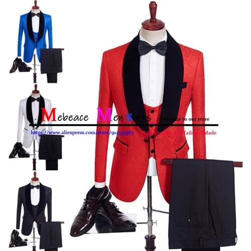 Red Jacquard Shawl Lapel Men Suits For Wedding Groom Tuxedo Slim Best Man Blazer 3 Piece Sets Costume Home(Jacket + Vest +Pants)