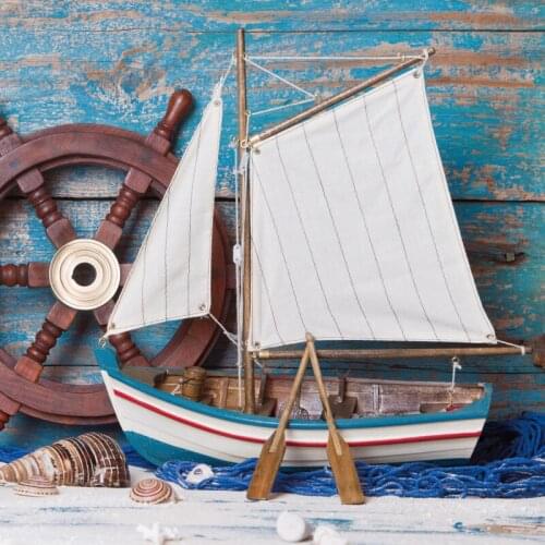 Laeacco Pirate Ship Anchor Navigation Blue Wooden Wall Baby Child Birthday Party Photozone Photo Background Photography Backdrop