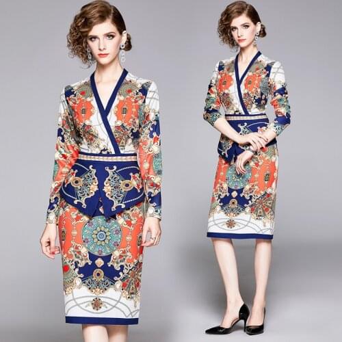Fashion Runway Vintage Dress 2020 Autumn Winter Womens Long Sleeve V-neck Luruxy Printed Ruched One-piece Bodycon Midi Dress