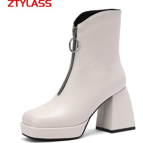 Fashion Front Zipper Ankle Boots Platform Women Boots Pu Leather Chunky High Heel Punk Boots Autumn Winter Woman Shoes Black