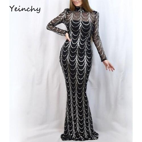 Yeinchy Autumn Winter High Neck Wave Sequins See Though Women Maxi Dresses Elegant Long Sleeve Female Party Dresses