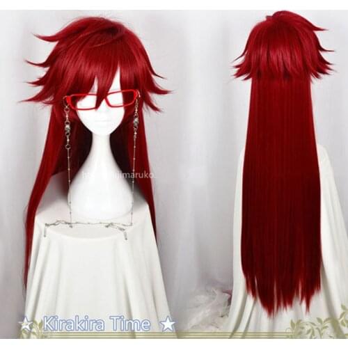 Anime Kuroshitsuji Black Butler Grell Sutcliff Cosplay Wigs Red Long Heat Resistant Synthetic Hair Wigs + Skull Chain Glasses