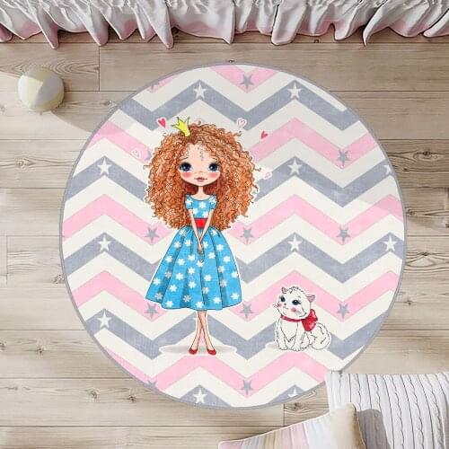 Pembe Çocuk Odası Halısı mavi elbise renkli yıldız beyaz kedi