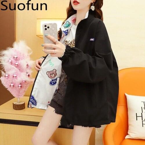 Suofun Casual O-Neck Zipper New Spring 2021 Fahsion Loose Net Red Fried Street Top Print Double Sided Spring And Autumn Jacket