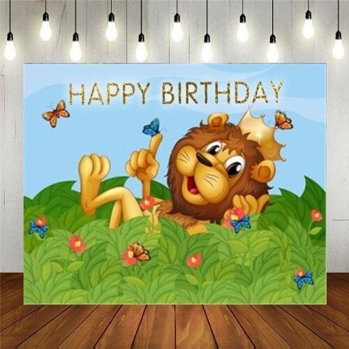 Photo Studio Props Vinyl Photography Backdrop For Kids Birthday Party Cartoon A Lion In The Garden With Butterflies Background