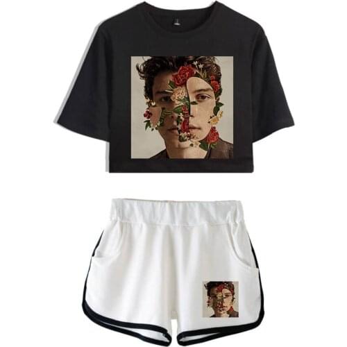 Popular Cool Beautiful Cute Girls Two Pieces sets Shawn Mendes T-shirts shorts Pants Dew navel Sport Girls Short Sleeve Suits