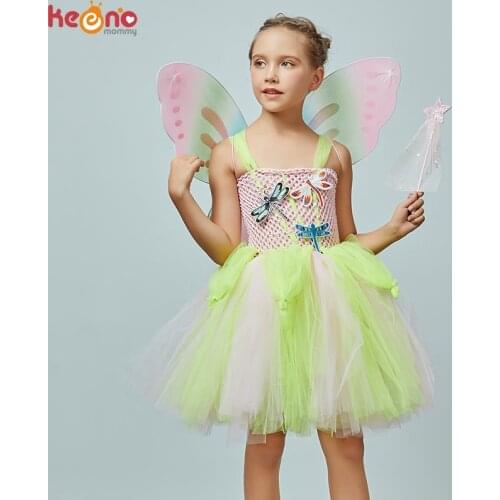Dragonfly Kids Pretty Tutu Dress with Wing and Wand Children Fairy Party Fancy Dress Insect Rainbow Halloween Costume