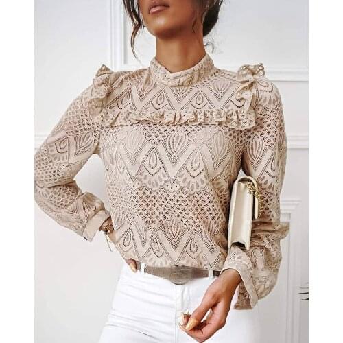 2021 Lace Shirt Women Fall Elegant Fashion Long-Sleeved Top Fall Elastic Party Round Neck Warm Floral Ruffle Shoulder Clothes