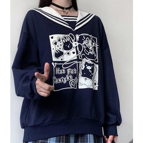Anime Print Women Hoodie Sweet Kawaii Japan Harajuku Loose Sweatshirts Autumn Winter Thick Warm Pullover Oversized Teens JK Top