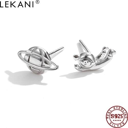 LEKANI 925 Sterling Silver Creative Space Planet & Astronaut Asymmetry Earrings For Women Trendy Cute Stud Earring Jewelry