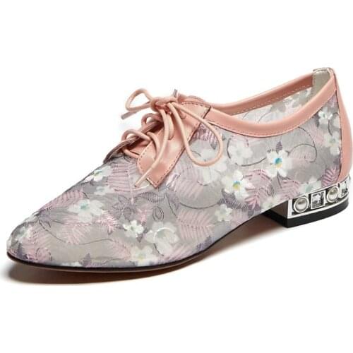 Womens Pointed Toe Mesh Embroidery Floral Pearl Beads Low Heel Breathable Lace Up Shoes Match Colors Plus Size M04