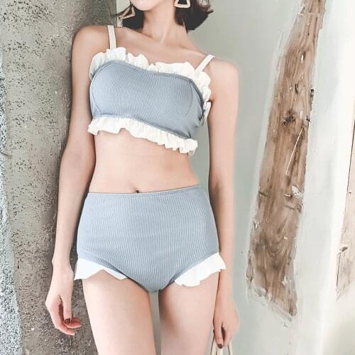 2019 Korean Women High Waist Swimsuit Sexy Adjustable Shoulder Strap Ruffle Lovely Cute Girls Retro Gray Maillot de bain femme